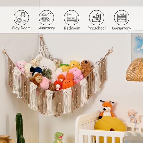 Pretty Jolly Stuffed Animal Hammock with Weaving Tassels and Beads Milk Coffee - Image 3