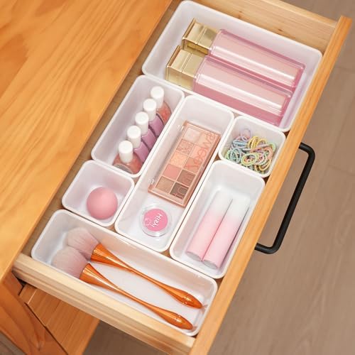 Kitchen Desk Drawer Organizers Storage for Office, Small Acrylic Vanity Trays Makeup for Drawer Bathroom Plastic Make up Organizers 25 Pcs White - Image 3