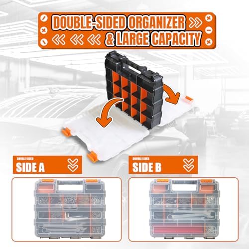 Jack Boss Tool Box with Transparent Lid, Double Side 34-Compartments Organizer Box with Removable Dividers for Hardware, Screws, Bolts, Nails, Beads, Jewelry and Fishing Accessories, Orange, 2 Pack - Image 6