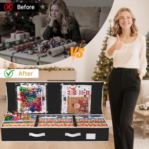 Criusia Gift Wrapping Paper Organizer Storage, Durable Underbed Storage Container Fits 24 Rolls, with Removable Dividers and Pockets for Ribbon, Ornaments, Holiday Accessories, Black - Image 2