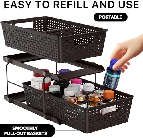 Simple Houseware 2 Tier Pull-Out Sliding Drawer Under Sink Storage, Brown - Image 3