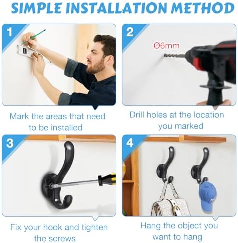 4 Pack Coat Hooks Wall Mount Heavy Duty Utility Retro Double Hooks for Hanging Coats,Hat, Towel, Key, Robe, Scarf, Bag, Cap (Black) - Image 5