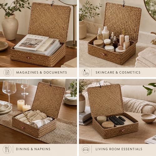 YANGQIHOME Set of 2 Seagrass Baskets with Lids, Rectangular Woven Storage Baskets, Natural Wicker Basket Boxes for Coffee Table, Shelf, Bathroom Counter & Closet Decor (Coffee, Set of 2) - Image 7