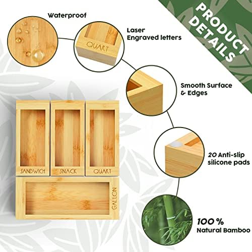 DALSHABET Bamboo Storage Bag Organizer, 4 Separate Food Storage Bags, 12x14 Baggie Organizer Dispenser for All Brands Gallon, Snack, Sandwich & Quart Slider Bags Beige - Image 3