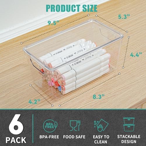 6 Pack Small Clear Storage Bins with Lids, Plastic Arts and Craft Storage Containers, Stackable Clear Plastic Craft Storage Bins with Handles for Classroom Storage Organization,Kitchen, Fridge, Office - Image 2