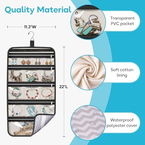 MISSLO Hanging Jewelry Organizer Travel Foldable Jewelry Roll Storage Case with 14 Cotton Zippered Pockets for Traveling, Closet, Suitcase - Image 5