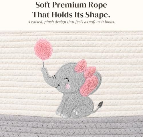 Baby Girl Diaper Caddy Organizer, Pink Elephant Cotton Rope Nursery Basket - Image 4