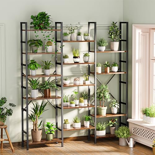 SUPERJARE Triple Bookshelf, Bookcase with 17 Open Display Shelves, Wide Book Shelf Book Case for Home & Office, 6 Tier, Brown, ABC003Z - Image 2