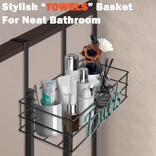 Over The Door Towel Racks, No Drill Towel Storage with Basket & Hooks, Space-Saving Multi-Functional Towel Holder for Bathrooms, bedrooms, Apartments, RVs (Matte Black, 5 Tier) - Image 4