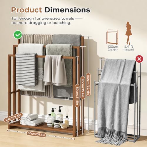 Standing Towel Rack for Bathroom, 39.4''H Bamboo Blanket Racks with Shelf - Image 2