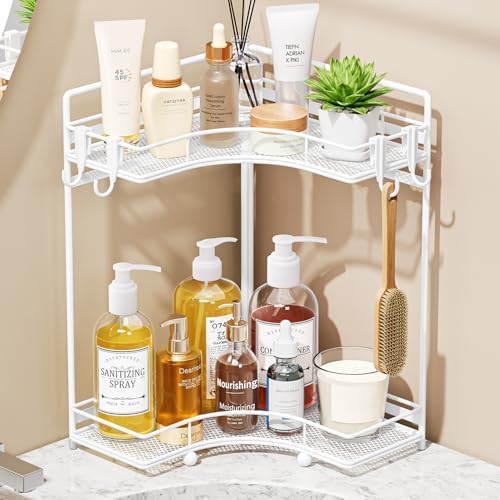 VITVITI 2-Tier Corner Bathroom Counter Organizer, Bathroom Countertop Organizer Storage for Sink, Metal Mesh Makeup Organizer for Vanity Countertop Kitchen with Hooks,White by VITVITI