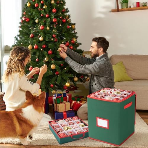 OIAHOMY Ornament Storage Box Holds 80 Christmas Ornaments, Christmas Ornament Storage Include Trays and Zippers, Ornament Organizer with Handle, Made of 600D Oxford Fabric - Green - Image 2
