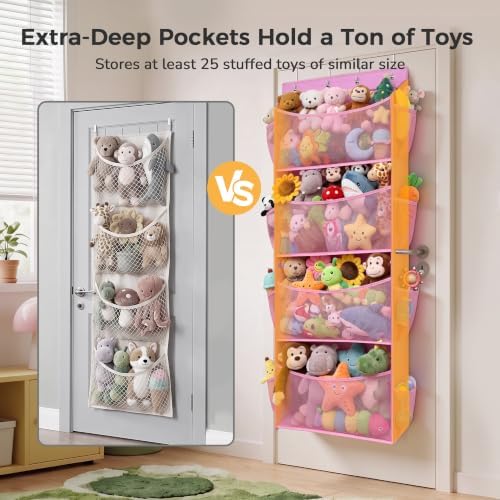 Over Door Stuffed Animal Storage Organizer Large Plush Toy Holder with Mesh Window Pink - Image 3