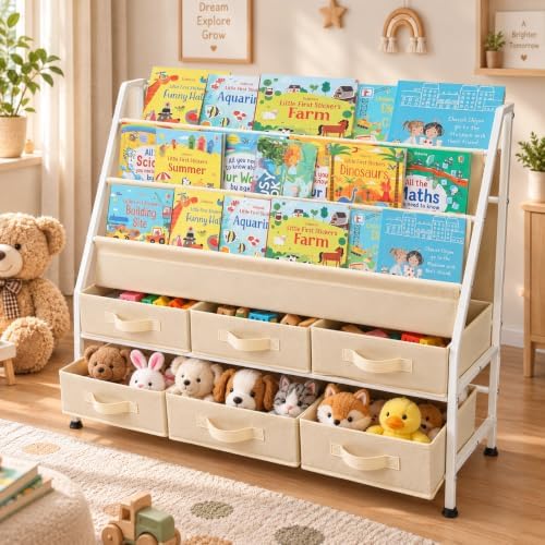 36" Extra Wide Kids Bookshelf and Toy Storage Organizer, 3-Tier Front Facing Book Shelf with 6 Large Removable Storage Bins, Toddler Bookshelf for Nursery, Playroom, Bedroom, Montessori Reading Corner by LGTHSR