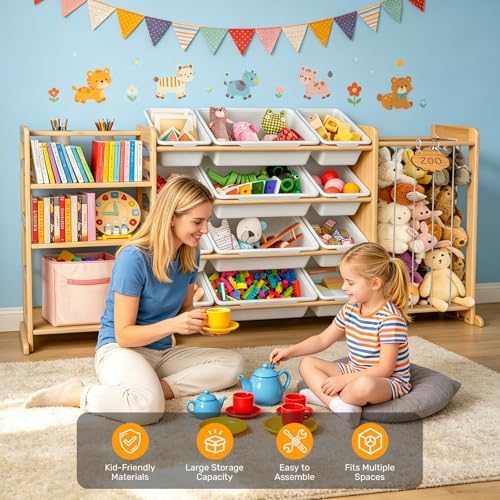 65" Large Toy Storage Organizer with Bins Shelves & Stuffed Animal Storage for Kids Wood Toddler Playroom Organization with Bookshelf Toys Box Wooden Organizers for Kids Room Nursery Bedroom - Image 6
