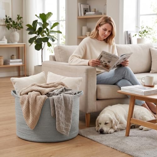 65L Large Blanket Basket,Woven Rope Laundry Basket-Light Gry - Image 4