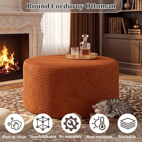 BSHOMGI Round Ottoman,Corduroy Ottomans Foot Stool, 27.5" Pouf Footstool Ottomans Seat, Round Footrest, Modern Side Table for Living Room Bedroom Home Decor No Assembly Require (Orange, 32") - Image 5