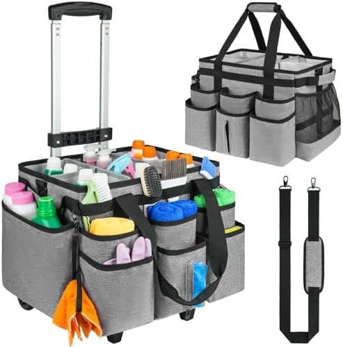 Large Rolling Cleaning Caddy Bag with Detachable Trolley,Cleaning Cart on Wheels with Shoulder Strap,Cleaning Supplies Organizer for Housekeepers,Gray by ZIOZERTT