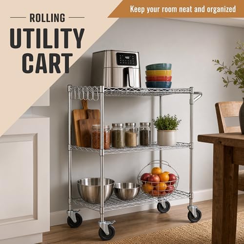 Our Modern Space 3 Tier Heavy Duty Wire Commercial Grade Rolling Cart with Wheels | Rolling Shelving Unit | Metal Utility Serving Cart with Shelves & Organizer Racks for Kitchen Bar Garage Office - Image 5