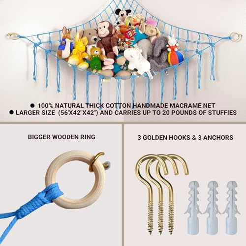 ABBY BABY Large Stuffed Animal Hammock Corner - Stuffed Animal Storage - 100% Natural Cotton Macrame Stuffed Animal Net - Stuff Animal Organizer - Net For Stuffed Animals Corner Large-Blue - Image 2
