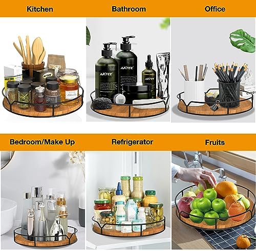 Lazy Susan Turntable Organizer for Cabinet Pantry Kitchen Countertop Refrigerator Cupboard, Pine Wood, 9", Carbonized Black - Image 4