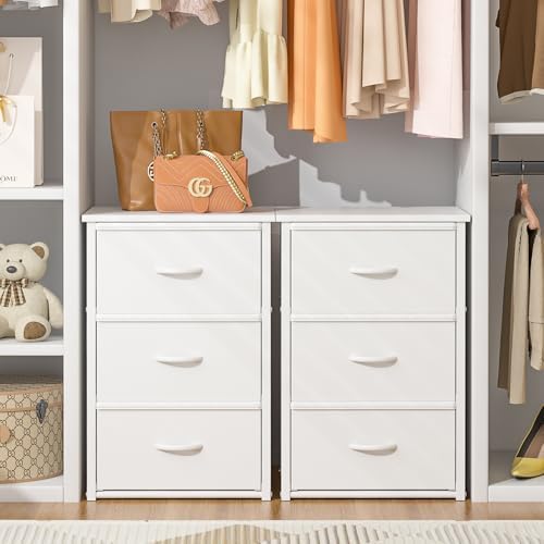 2-Pack Stackable Storage Drawers (6 Drawers Total), White Closet Drawers Organizer for Clothes with Wooden Top & Metal Frame, Freestanding or Stackable Dresser for Bedroom, Living Room, Under Bed by DAOUTIME