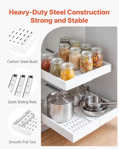 VEVOR Pull Out Cabinet Organizer, 4 Pack Expandable Width (12.2"-18.9"), 20.47" Deep Pull Out Drawers for Cabinets, Sliding Drawer for Kitchen Pantry Cabinet Organizer with Nano Adhesive Strips, White - Image 4