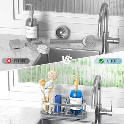 Sink Caddy Sponge Holder for Kitchen with Stone Drying Mat & Brush Holder - Image 6