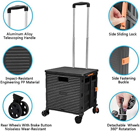 Foldable Utility Cart Portable Rolling Crate Handcart Shopping Trolley Collapsible 4 Rotate Wheels with Durable Heavy Duty Plastic Telescoping Handle for Travel Shopping Moving Storage Office Use - Image 7