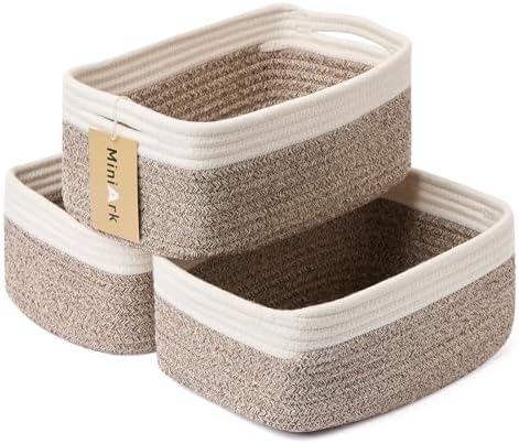 MiniArk Small Storage Baskets for Organizing | Closet Organizer Bins | Shelf Toy Basket | Woven Rope Baskets | Cube Decorative Box | Shallow Basket | 13x8.5x5.1” | 3 Packs White Brown by MiniArkStorageBasketsHome