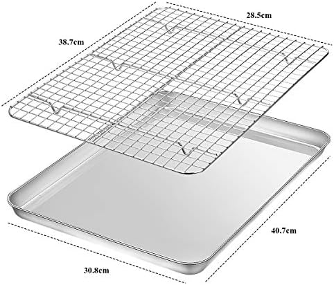 Baking Sheet with Rack Set [2 Pans + 2 Racks], Wildone Stainless Steel Cookie Sheet Baking Pan Tray with Cooling Rack, Size 16 x 12 x 1 Inch, Non Toxic & Heavy Duty & Easy Clean - Image 2