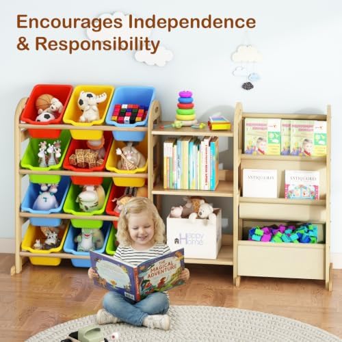 Toy Storage Organizer with 3 Shelves &12 Bins, Kids Bin Shelf, Multi Color | 2-Tier Bookshelf/Bookcase with Storage Box, Toys Box for Bedroom, Playroom, Organization Room Decor - Image 2