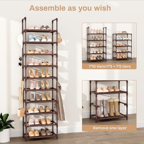 VTRIN 10 Tiers Tall Shoe Rack Holds 20-25 Pairs of Shoes Sturdy Vertical Shoe Organizer with 18pcs Hooks Stackable Narrow Shoe Rack for Closet, Entryway Brown - Image 5