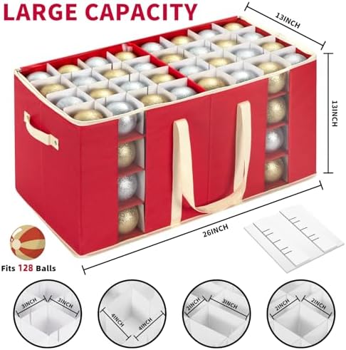 DIMESHY Christmas Ornament Storage Box Holds 128 Holiday Decorations,RED - Image 4