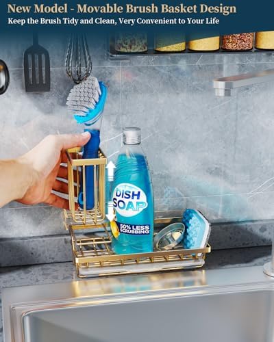 Consumest Sink Caddy, Kitchen Sponge Holder with Dish Brush Holder, Kitchen Sink Organizer with Drip Tray for Countertop, Stainless Steel Rustproof - Gold - Image 2