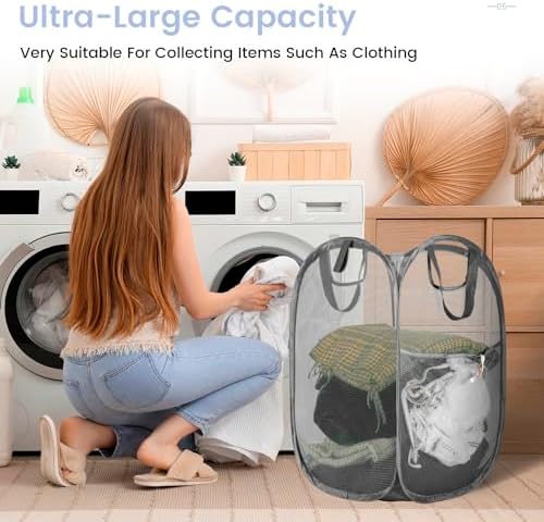 HOUSE AGAIN 2Pack Strong Mesh Pop Up Laundry Hamper, 70L Collapsible Laundry Basket with Steel Frame, Double‑Stitched Handles & Side Pocket, Foldable Dirty Clothes Hamper for Dorm, Bedroom, Grey - Image 3