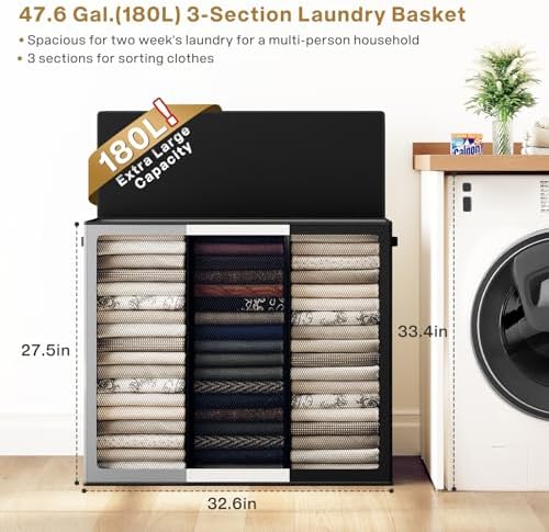 SOLEDI Laundry Hamper 3 section with lid and 3 Pcs Bag, Large Hamper 3 compartment 180L, Laundry Basket Laundry sorter Clothes hamper for Laundryroom Bedroom Blanket Storage Organizer - Image 2