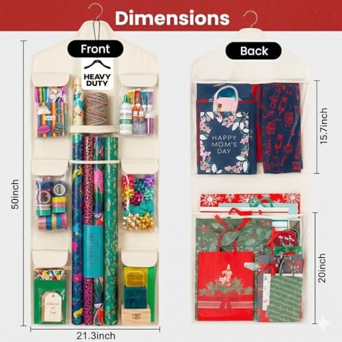Wrapping Paper Organizer Storage – Double-Sided Hanging Gift Wrap Holder with Wooden Hanger – Over the Door or Closet Storage for Gift Bags with Pockets – For Christmas, Birthdays & Special Occasions. - Image 2