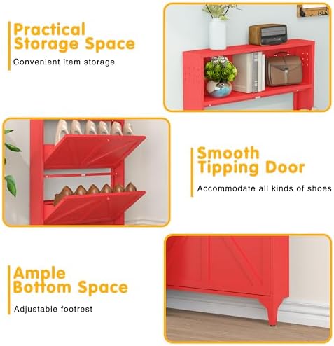 Shoe Cabinet with 2 Flip Drawers, Narrow Shoe Storage Cabinet, Farmhouse Shoe Organizer, Freestanding Organizer with Metal Legs for Entryway, Foyer (Red, 2 Door) - Image 4