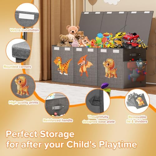 Extra Large Toy Box Chest, Collapsible Sturdy Toy Storage Organizer Boxes Bins Baskets Dinosaur Kids Toy Chest Bin with Lids for Boys Girls Living Room Playroom Bedroom Nursery 41"x14"x16" Gray - Image 5