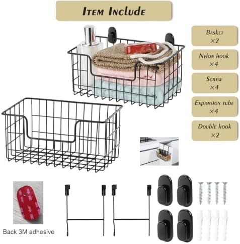 JUNCHU CHERRY Wire Storage Basket 2 Packs, Wall Mounted Kitchen Bathroom, Hanging Cabinet Door Storage Basket, no Drilling, Supporting 2 Types of Hooks, Strong Bearing, Suitable for Home, Black - Image 4
