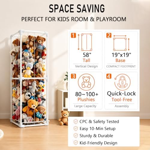 Stuffed Animal Storage Organizer, 58" Extra Large Zoo Cage for 80+ Plushies, Upgraded Quick-Lock Vertical Toy Holder for Kids Room & Playroom (White) - Image 4