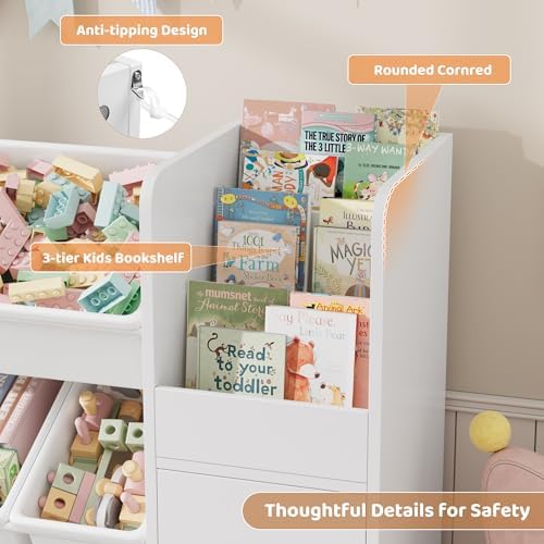 55'' Toy Storage Organizer & Kids Bookshelf with Large Wood Toy Chest,White - Image 3