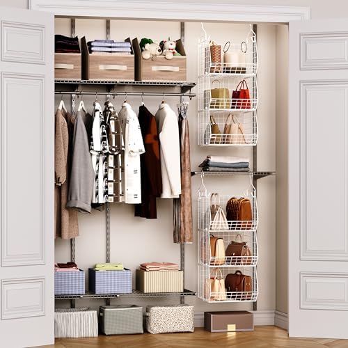 X-cosrack 3 Tier Foldable Closet Organizer, Clothes Shelves with 5 S Hooks, Wall Mount&Cabinet Wire Storage Basket Bins, for Clothing Sweaters Shoes Handbags Clutches Accessories-White Patent Design - Image 6