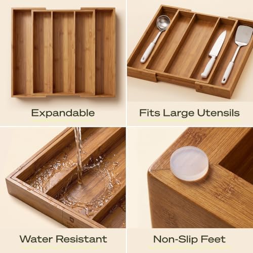 ROYAL CRAFT WOOD Carbonized Bamboo Kitchen Drawer Organizer - Silverware Organizer - Utensil Holder and Cutlery Tray with Grooved Drawer Dividers for Flatware and Kitchen Utensils, 5 Slot - Image 4