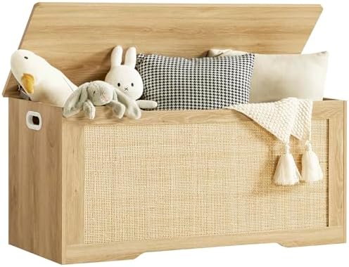 usikey 39.4” Storage Chest, Toy Box with 2 Safety Hinges, Toy Chest for Bedroom, Storage Bench with Storage, Shoe Bench, Supports 220 lb, for Living Room, Entryway, Natural by USIKEY