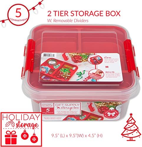 Simplify 5 Compartment Gift Supply Storage Box 2 Tier Box | Red Clear Top Lid | Dimensions: 9.5"x 9.5"x 4.5" Snap Handle Storage Wrapping Accessories (Pack of 12) - Image 2
