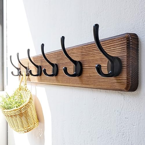 Dseap Wall Mounted Coat Rack: 24" Long, Patented, Heavy-Duty, 6-Double-Hooks Wooden Hanger Rail for Winter Coats, Hat, Jacket, Clothing - Natural & Black, Pack of 2 - Image 6