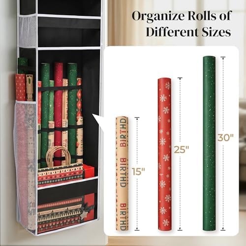 Wrapping Paper Storage Organizer – Over The Door Hanging Gift Wrap Holder for 15-30" Rolls, Space Saving Closet Organizer for Christmas, Halloween, Birthday with Side Mesh Pockets Black - Image 5