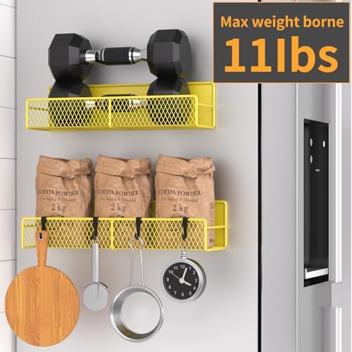 Magnetic Spice Rack for Refrigerator, 2 Pack 100% Metal Strong Magnet Shelf, Space Saving Spice Organizer W/ Hooks, Movable Magnetic Fridge Shelf, Kitchen Home Laundry Room Storage Organization,Yellow - Image 4